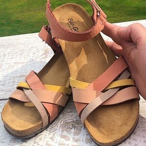 Bio Gold Multi-Color Italian Made Leather Sandals, Cork Footbed. Woman’s Size 9